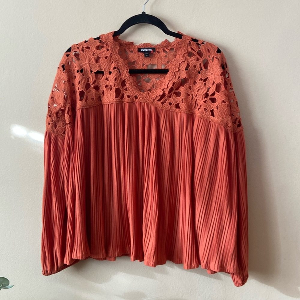 Express Crochet Pleated Lace Top Orange Coral Women's Small Lace Flowy Boho
